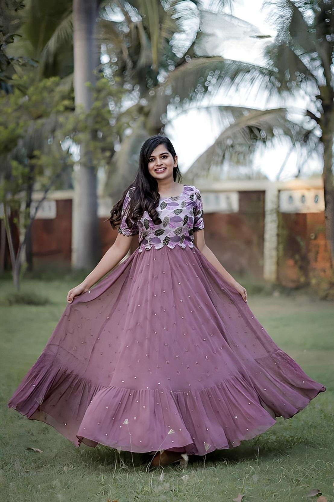 Launching New Georgette Maxi Gown with Mirror Work | Printed Yoke & Flared Designer Ethnic Dress