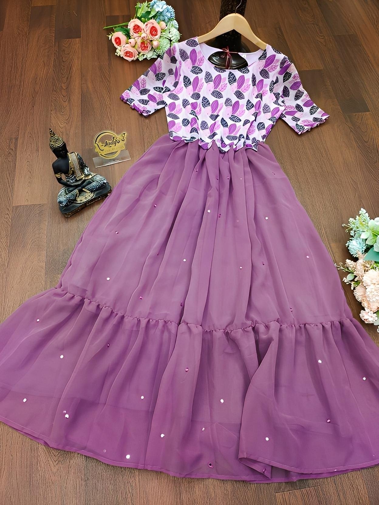 Launching New Georgette Maxi Gown with Mirror Work | Printed Yoke & Flared Designer Ethnic Dress