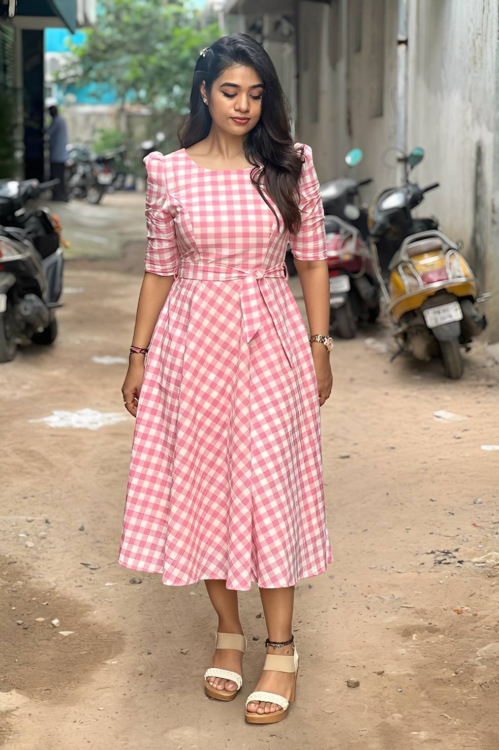 Cute pink checked  cotton dress