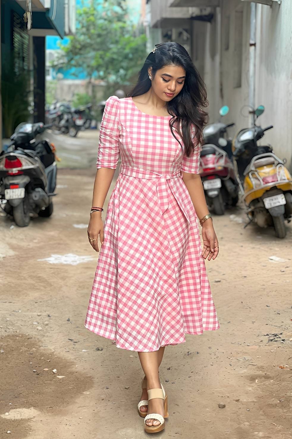 Cute pink checked  cotton dress