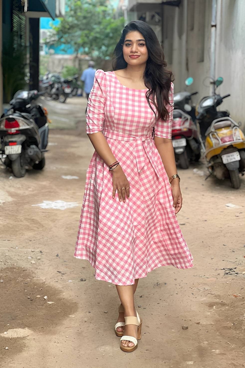 Cute pink checked  cotton dress