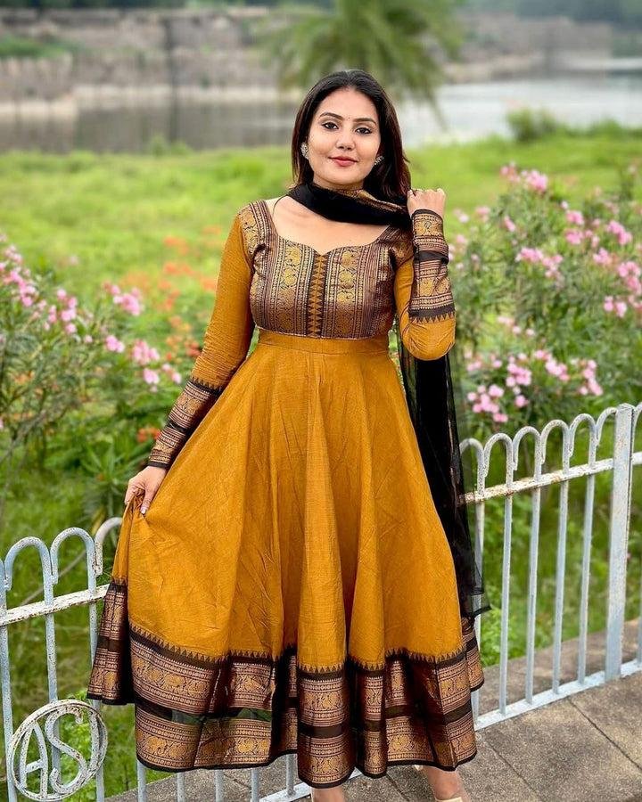 Mustard cotton silk gown set