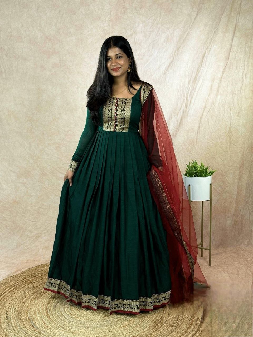 Elegant Vichitra Silk Gown With Zari Border and Dupatta