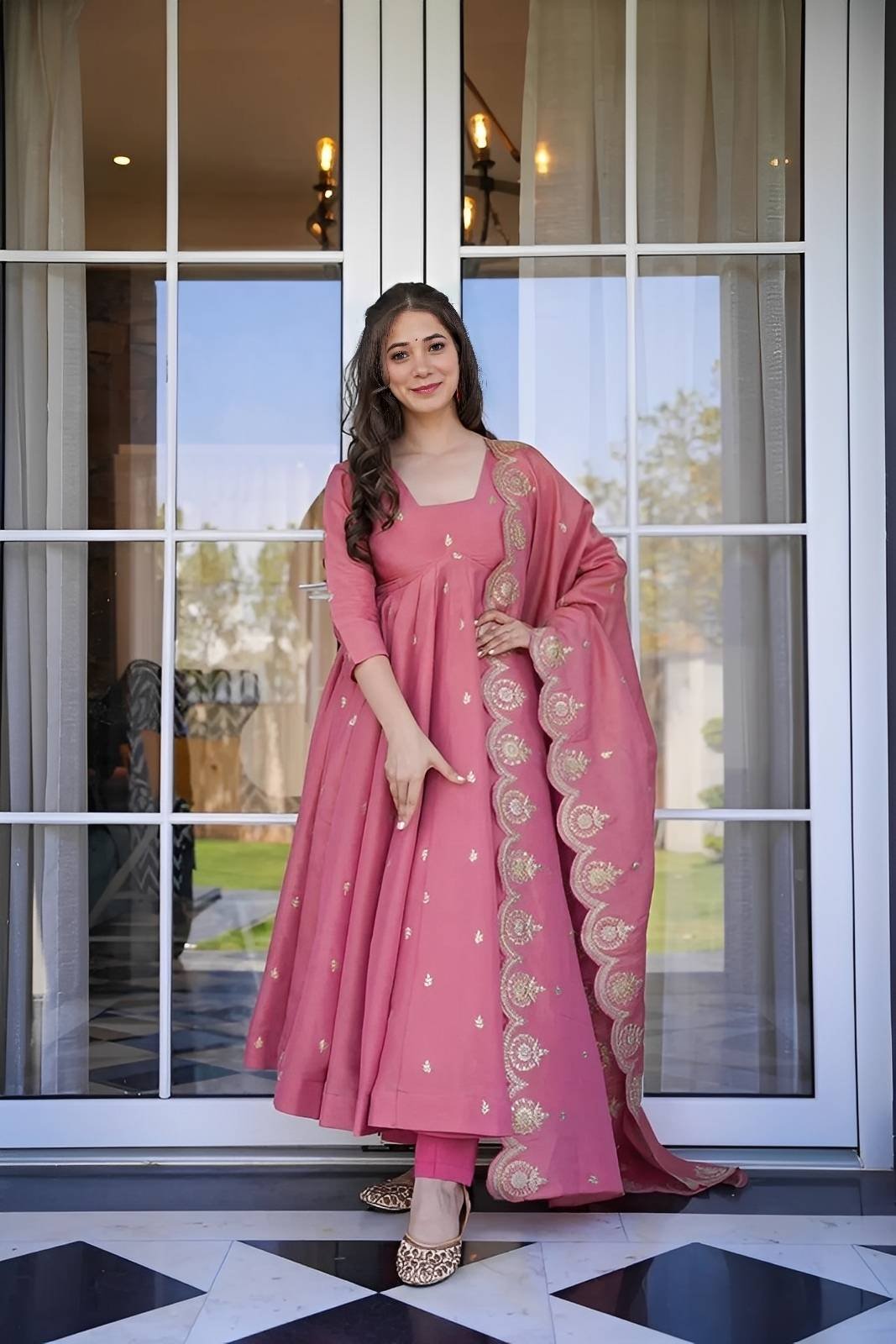 Designer Party Wear Embroidered Sequence Work Gown Set | Fully Stitched | Heavy Gold Crush Silk