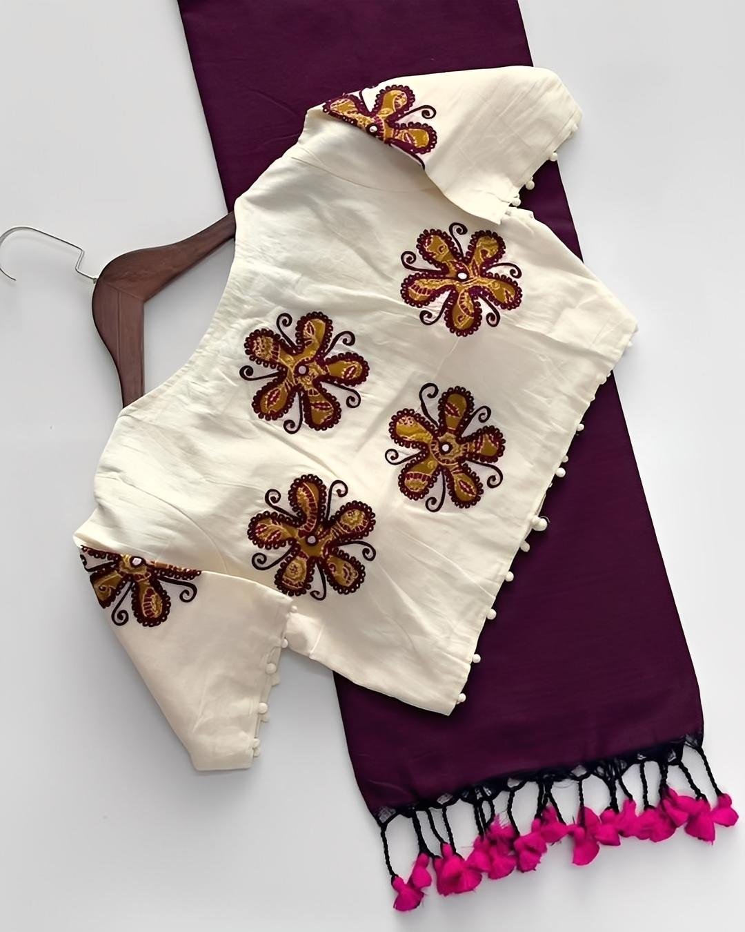 Pure Khadi Cotton Saree with Heavy Tassels & Floral Thread Work Blouse | New Designer Saree – MALAR