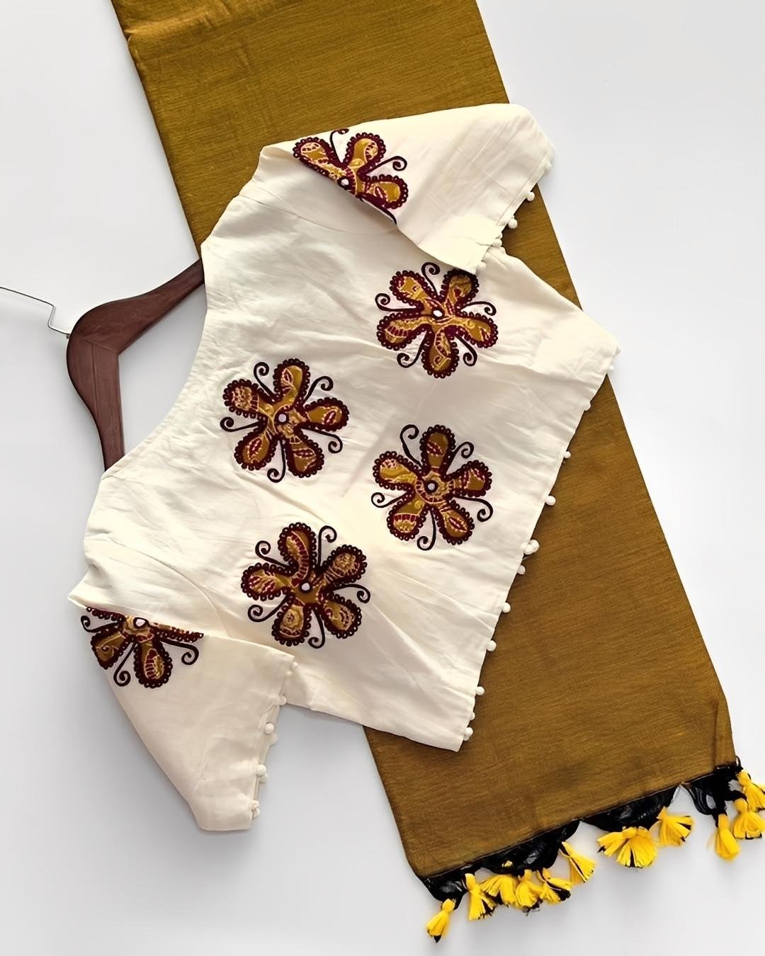 Pure Khadi Cotton Saree with Heavy Tassels & Floral Thread Work Blouse | New Designer Saree – MALAR