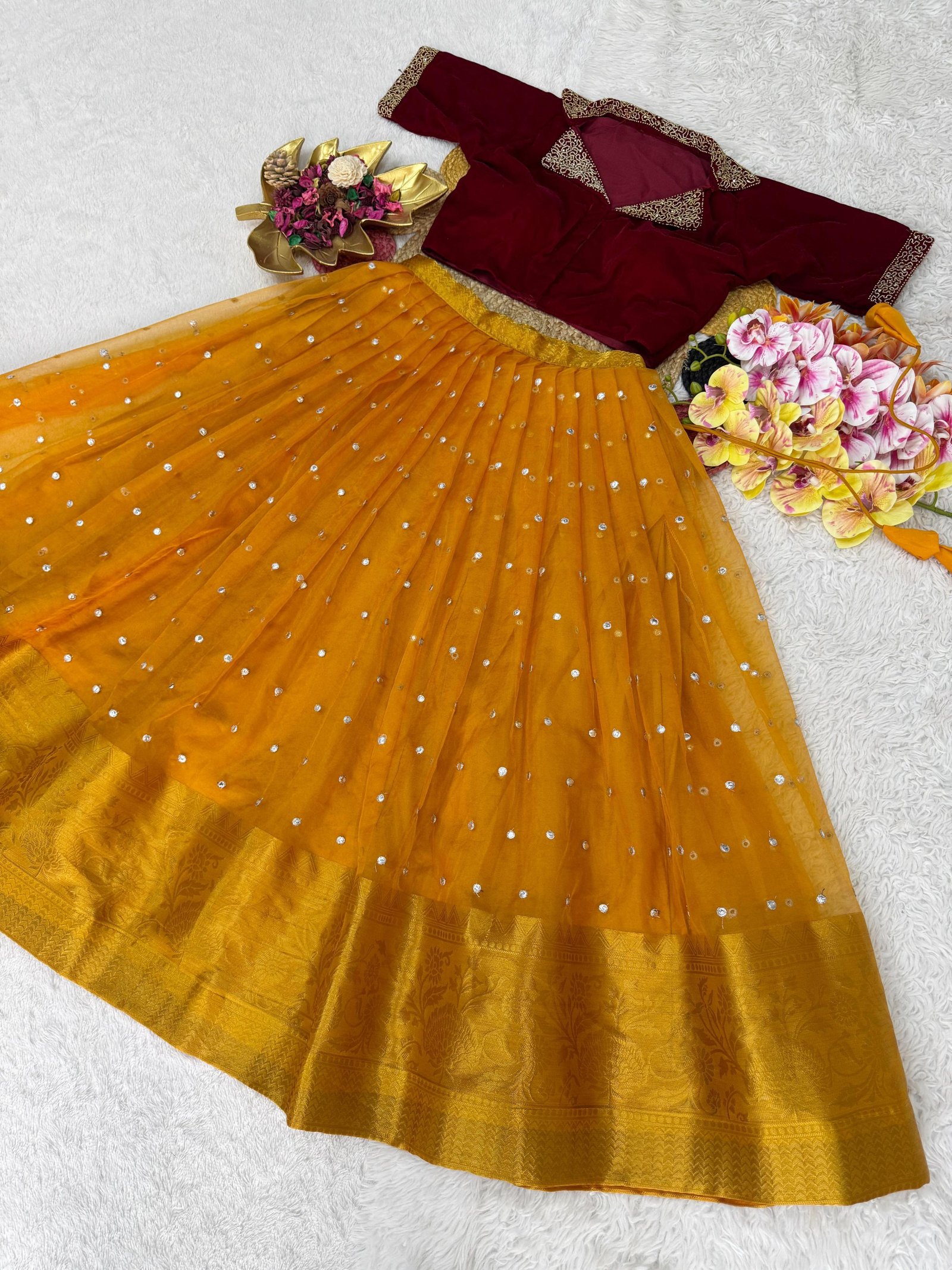 Trending Fully Stitched Organza Lehenga With Maggam Work Velvet Blouse
