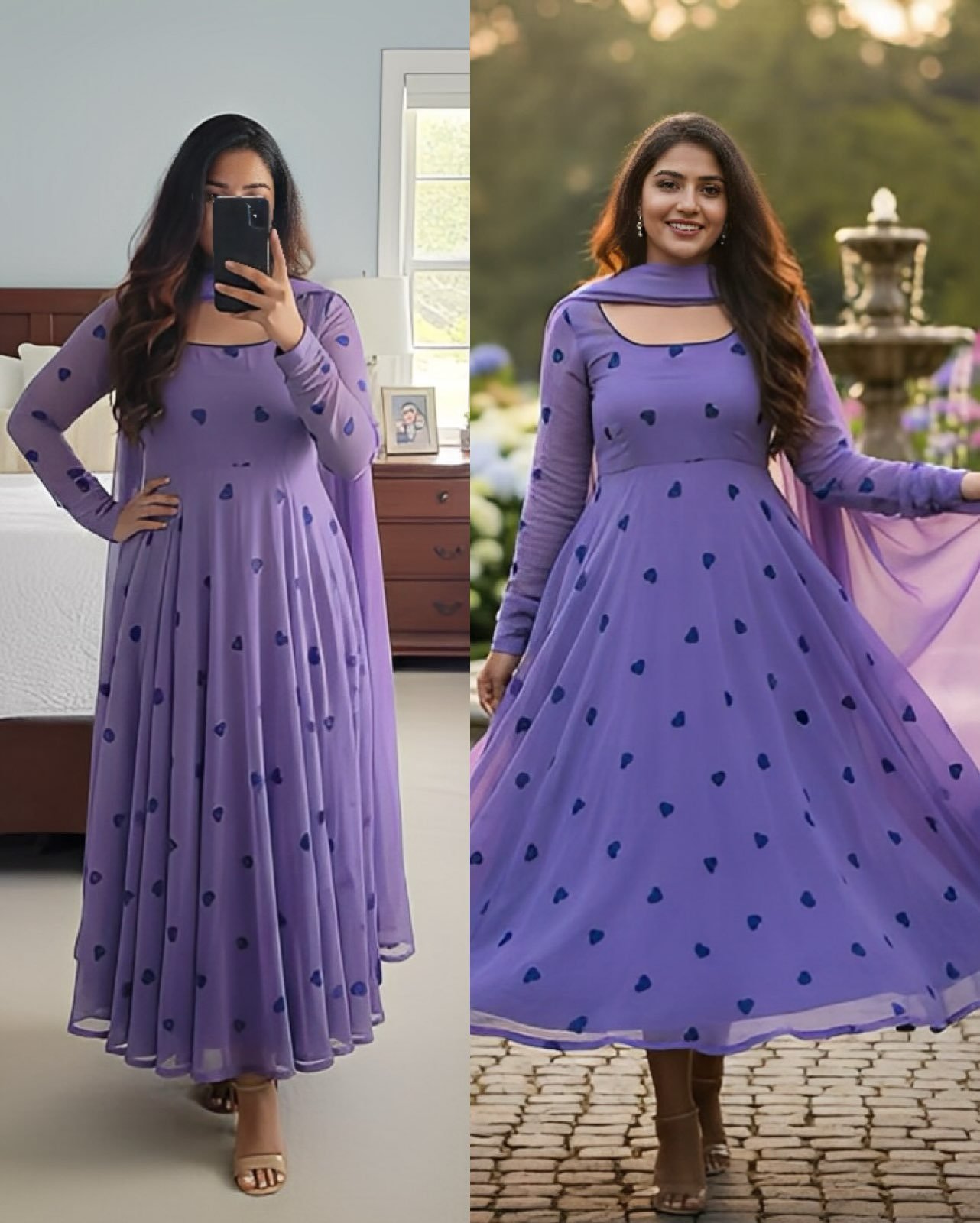 Love Embroidery Long Gown with Dupatta / Cotton Anarkali with Dupatta