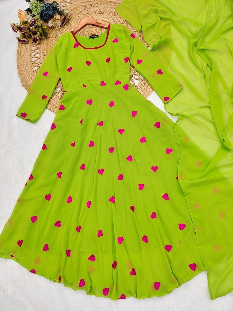 Love Embroidery Long Gown with Dupatta / Cotton Anarkali with Dupatta
