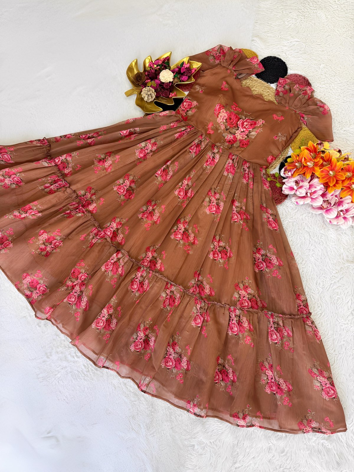 Squat Goals Floral Multicolor Maxi / Twinning Group Dress for Girls / Chanderi Maxi