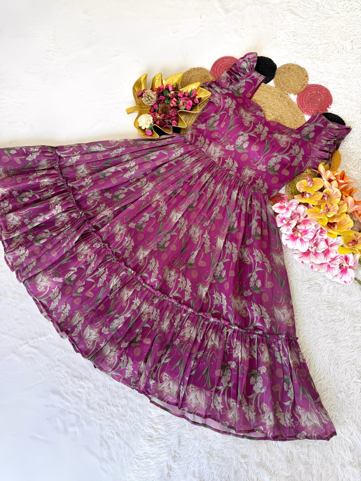 Squat Goals Floral Multicolor Maxi / Twinning Group Dress for Girls / Chanderi Maxi