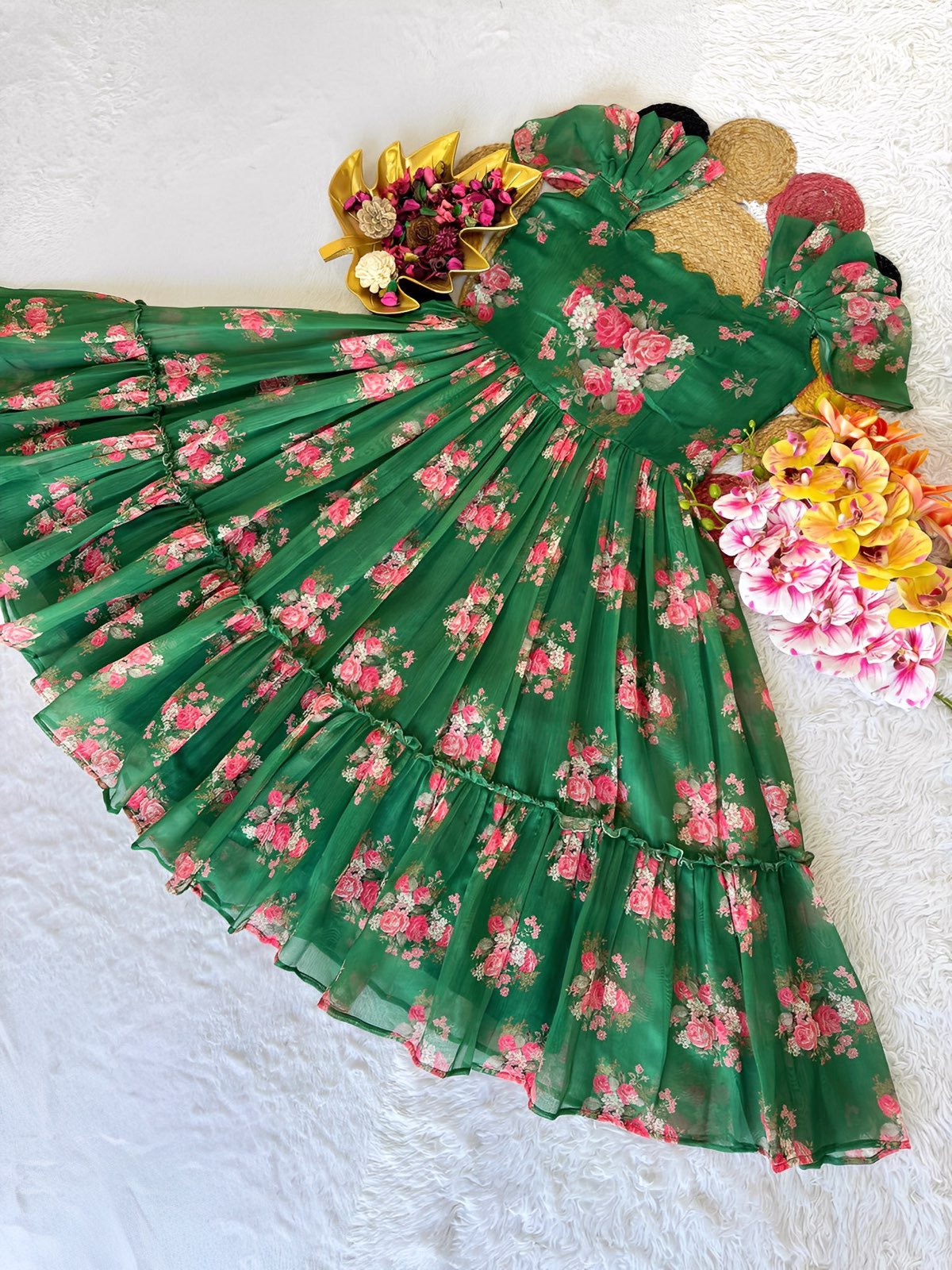 Squat Goals Floral Multicolor Maxi / Twinning Group Dress for Girls / Chanderi Maxi