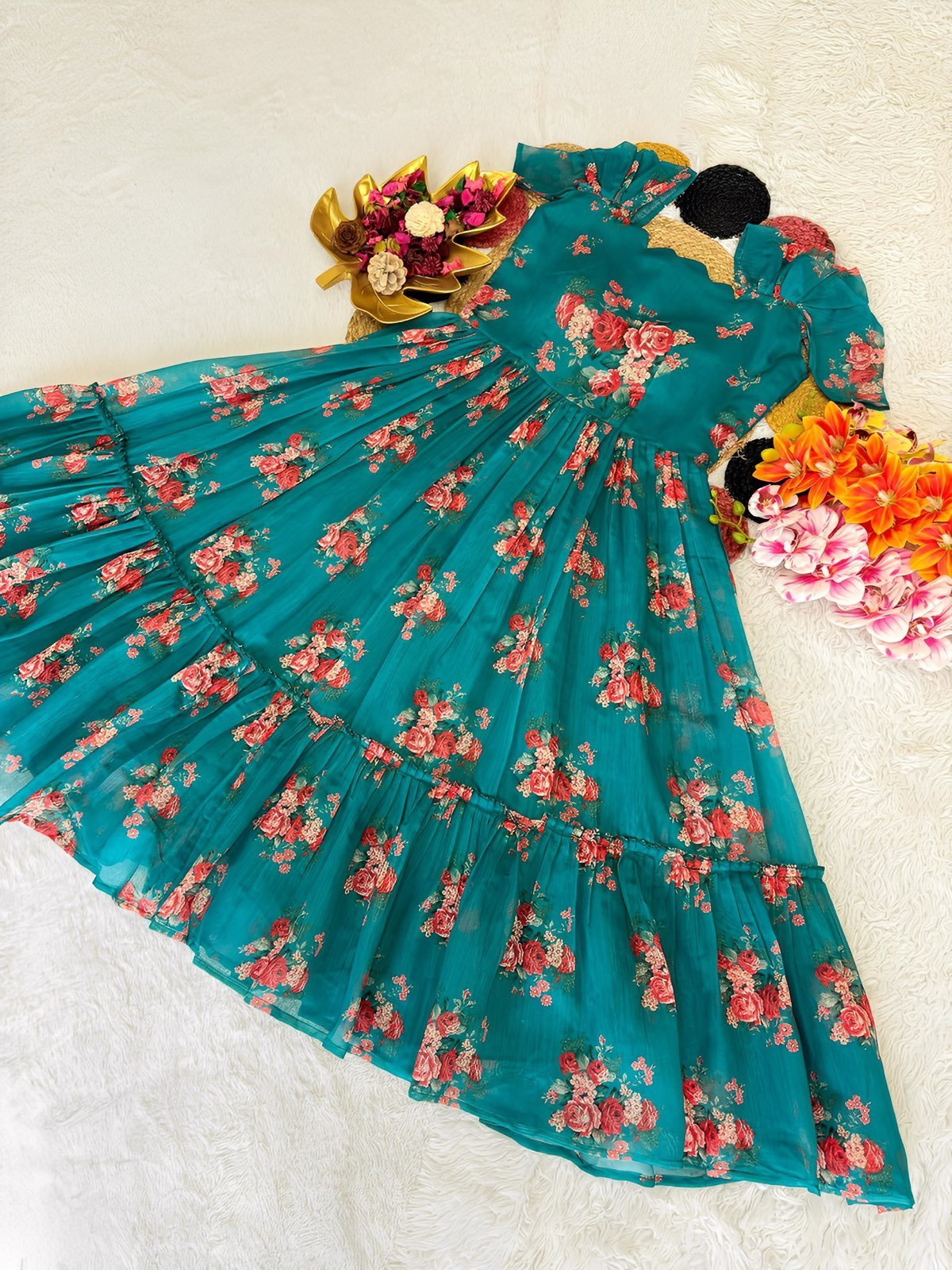 Squat Goals Floral Multicolor Maxi / Twinning Group Dress for Girls / Chanderi Maxi