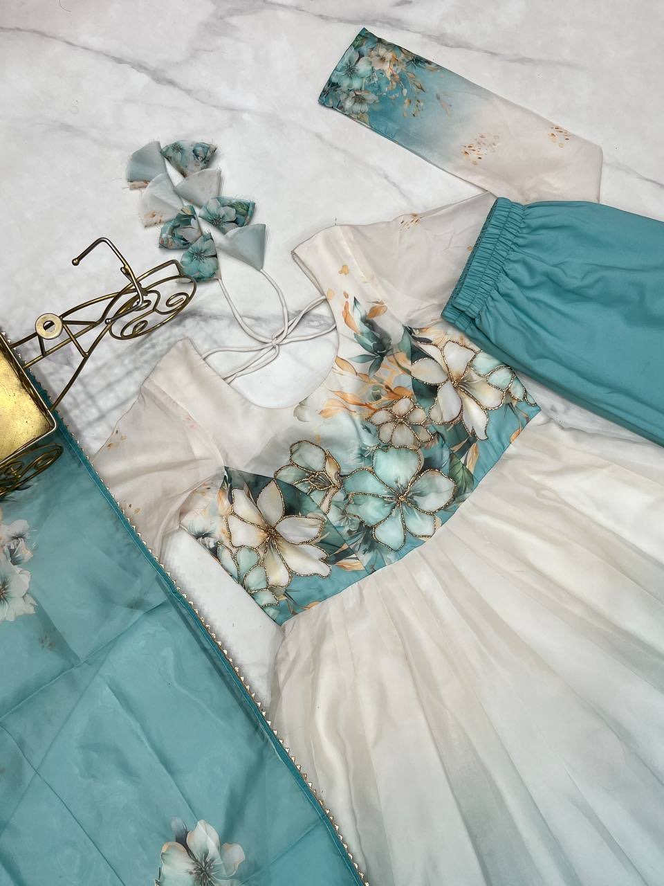 Snowwhite Floral Royal Designer Gown set with bottom / Festival wear in Offer