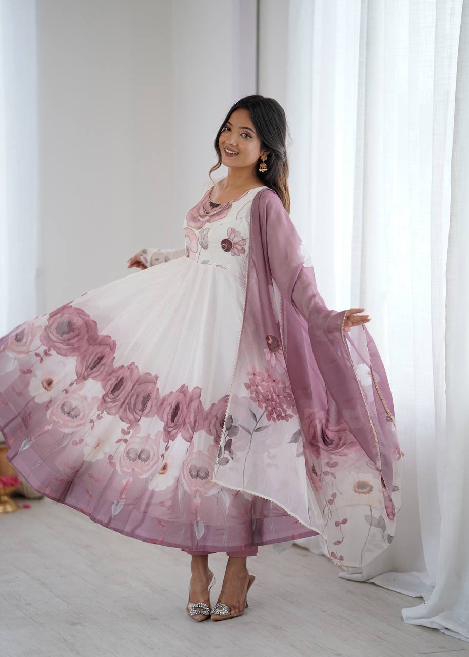 Snowwhite Floral Royal Designer Gown set with bottom / Festival wear in Offer