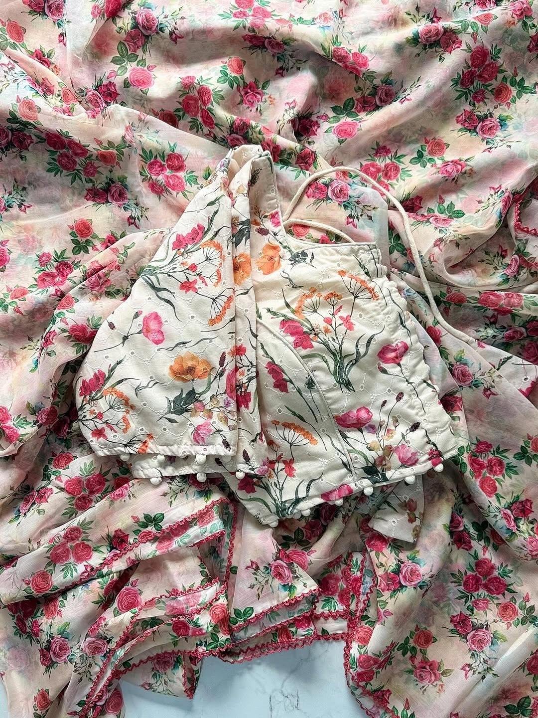 Premium Chiffon Digital Flower Print Saree With Arco Border