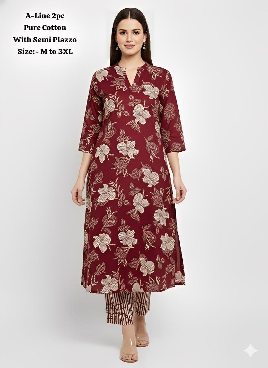 A-Line Collar Neck Kurti with Pintex Work & Semi Plazzo | Premium Jaipur Cotton