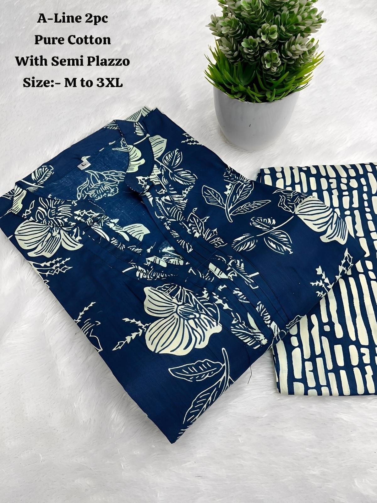 A-Line Collar Neck Kurti with Pintex Work & Semi Plazzo | Premium Jaipur Cotton