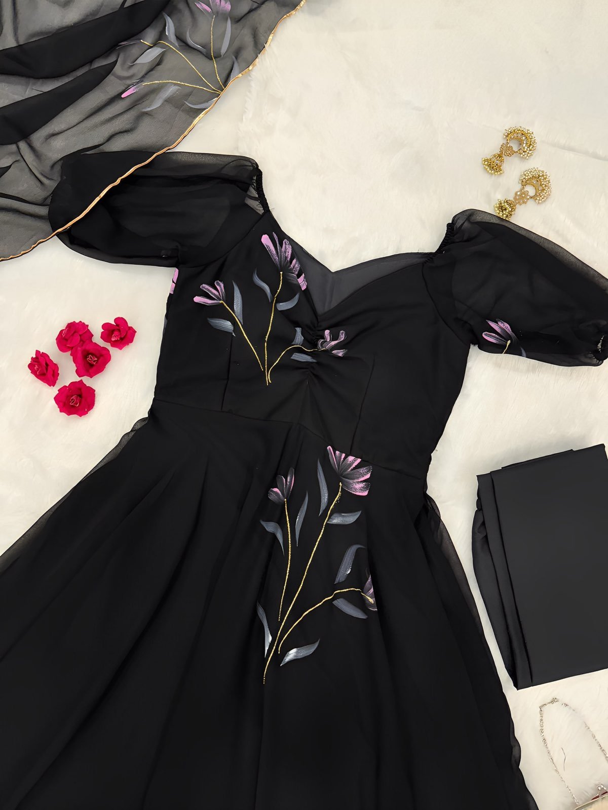 Black Handpainted Floral Bouquet Gown  │ Rich flaired Long Designer Set