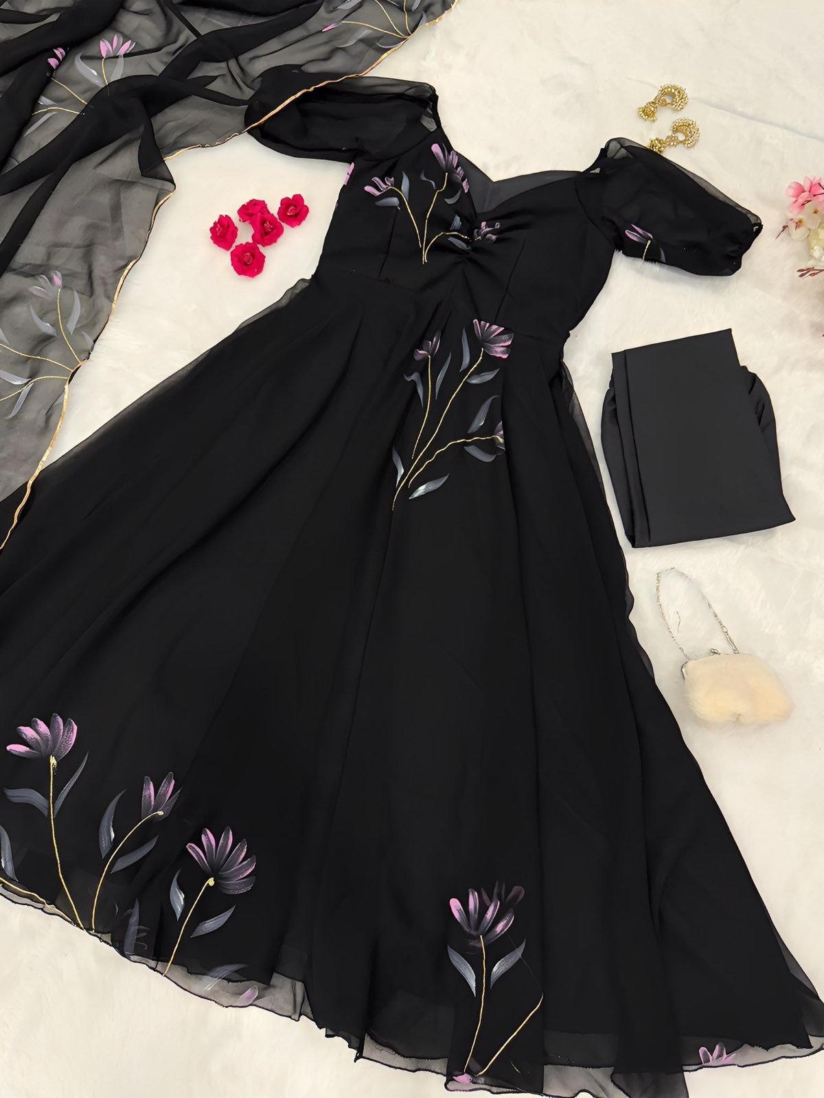 Black Handpainted Floral Bouquet Gown  │ Rich flaired Long Designer Set