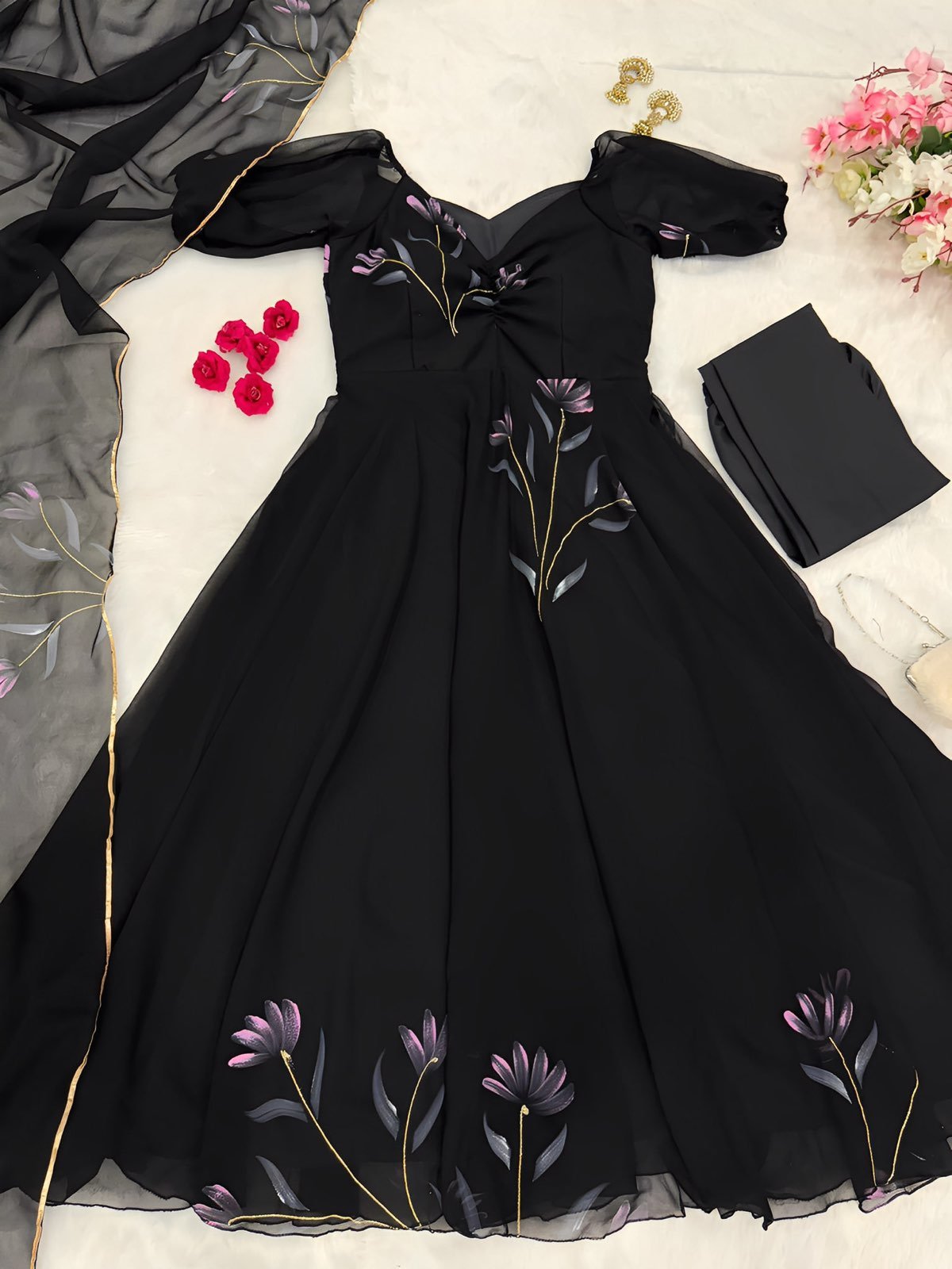 Black Handpainted Floral Bouquet Gown  │ Rich flaired Long Designer Set