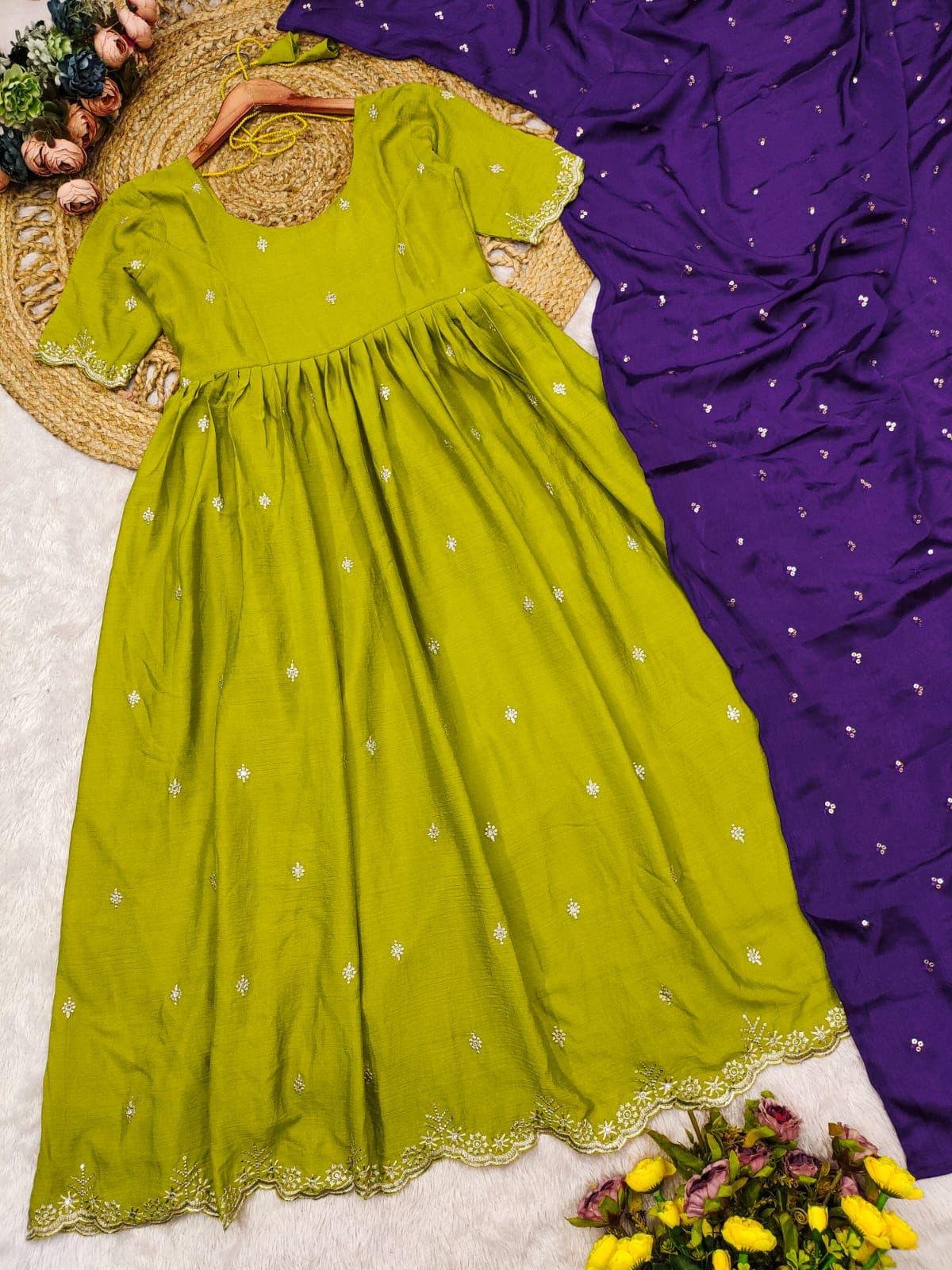 Neon Purple Anarkali Set with Sequins Work & Dupatta