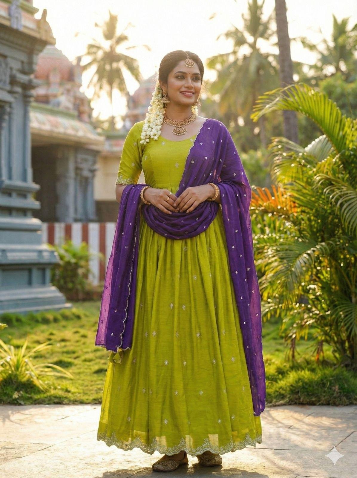 Neon Purple Anarkali Set with Sequins Work & Dupatta
