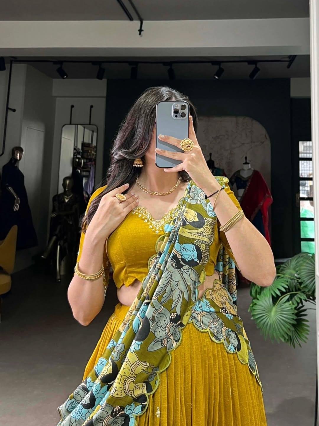 Kalamkari Vichitra Silk Lehenga Choli with  Border & Embroidery