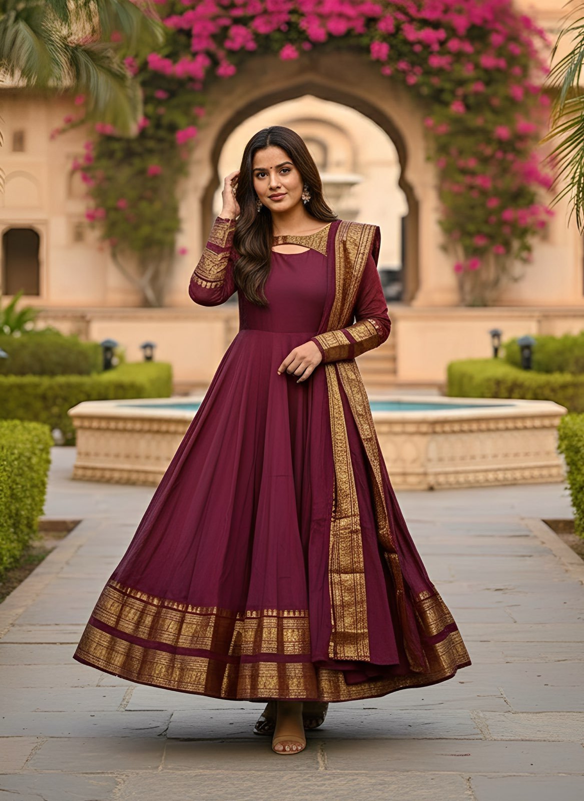 Silk Cotton Jacquard Weaving Gown With Dupatta | Premium Ethnic Wear