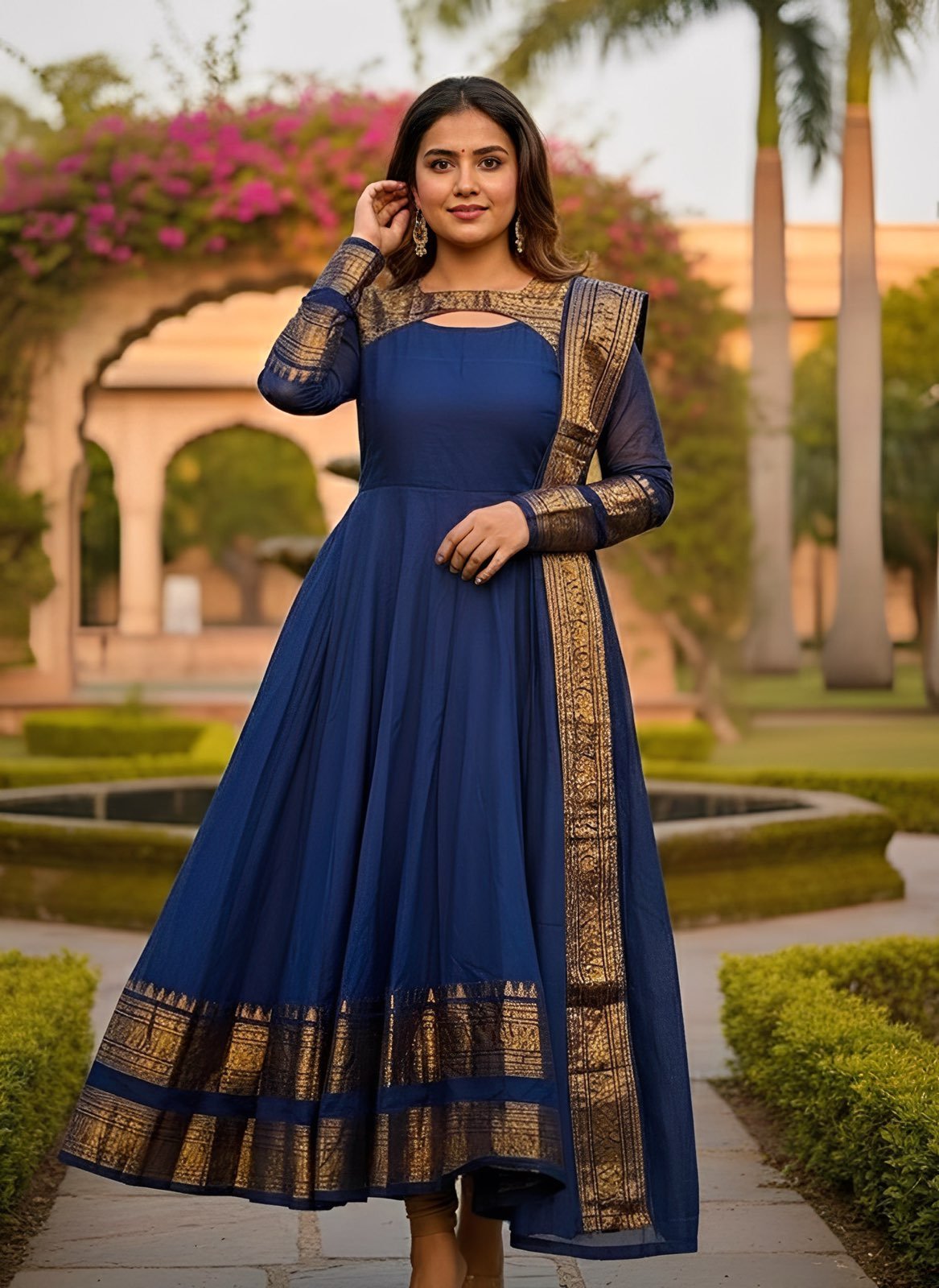 Silk Cotton Jacquard Weaving Gown With Dupatta | Premium Ethnic Wear