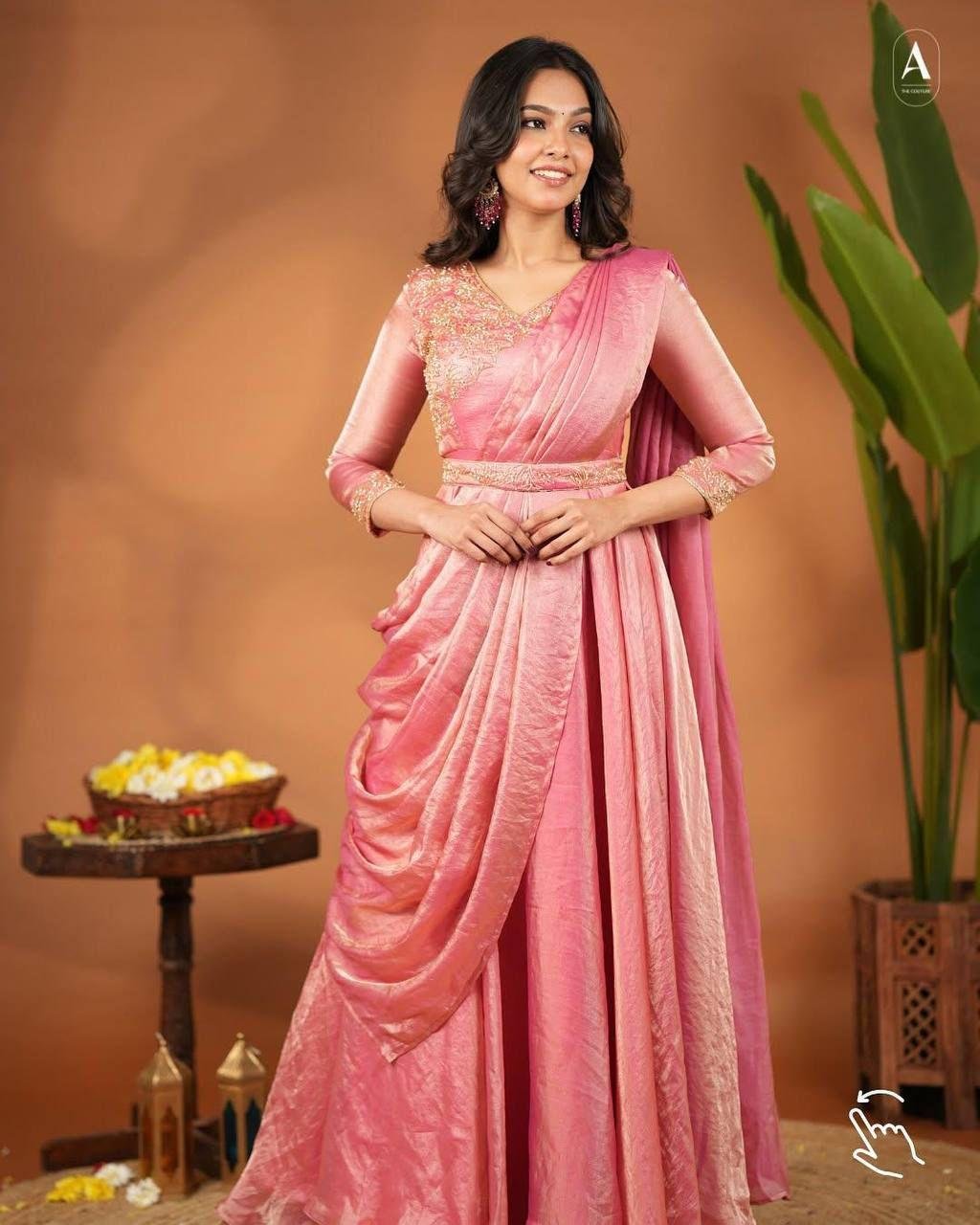 Pre-Draped Vichitra Silk Anarkali with Embroidered Blouse | Party Wear Chic