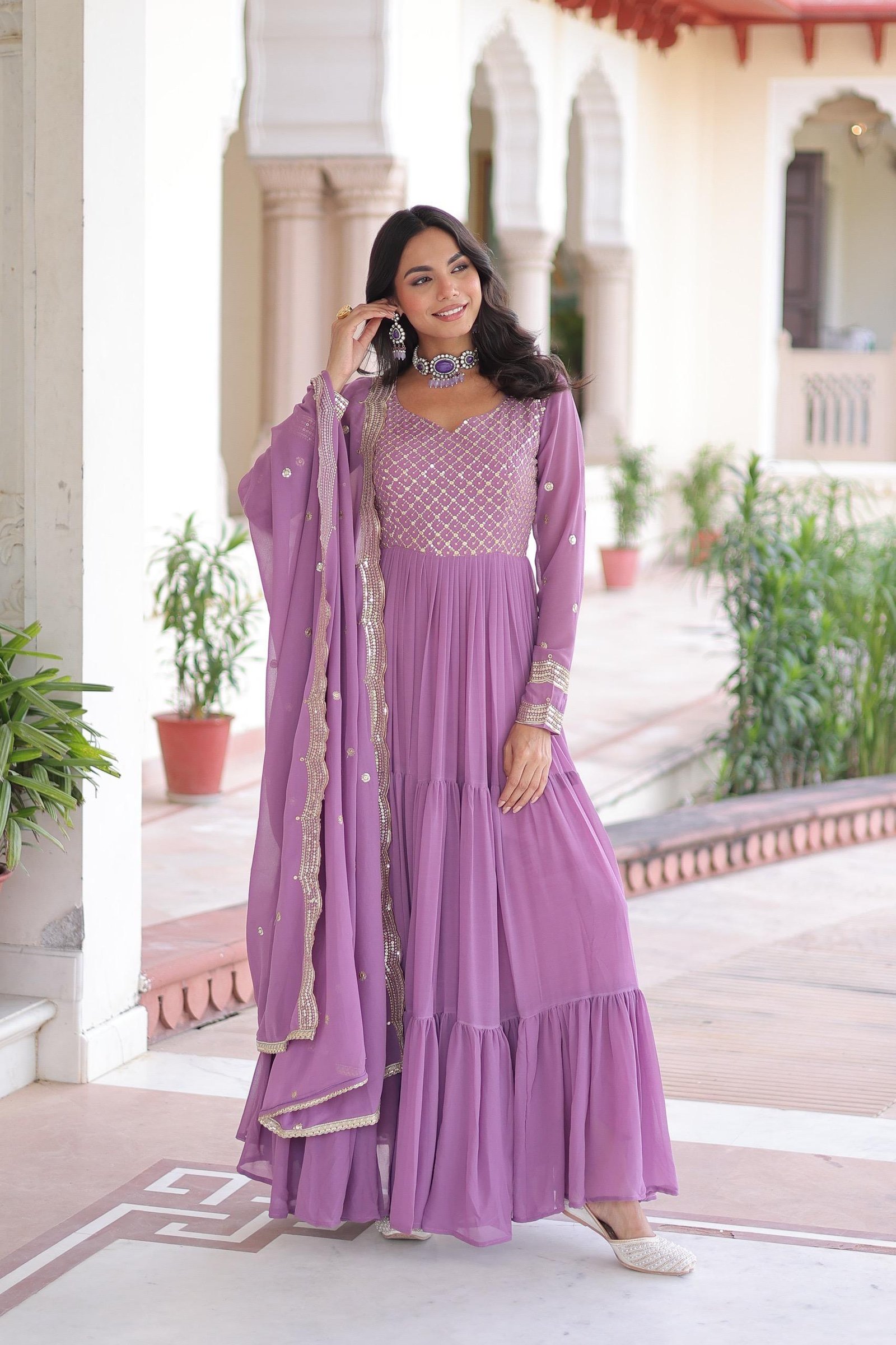 Liliac Fantasy 12 meter flaired Long Gown Designer Dress with Dupatta │ Exclusive Partywear under Budget