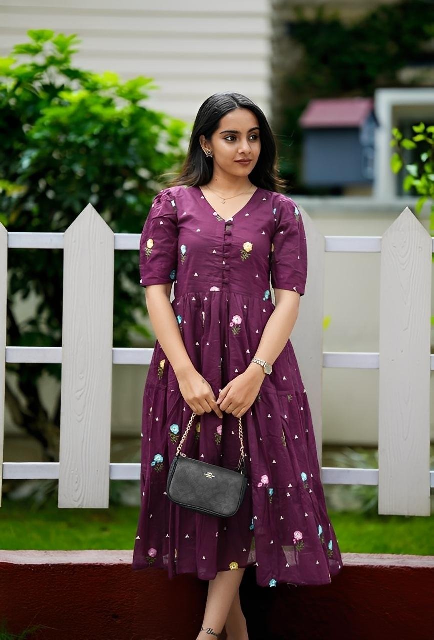 Wine Berry Embroidered Maxi │ Newyear Cotton Flaired Dress in Offer