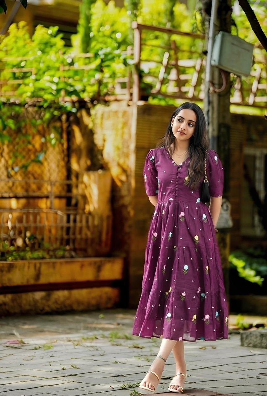 Wine Berry Embroidered Maxi │ Newyear Cotton Flaired Dress in Offer