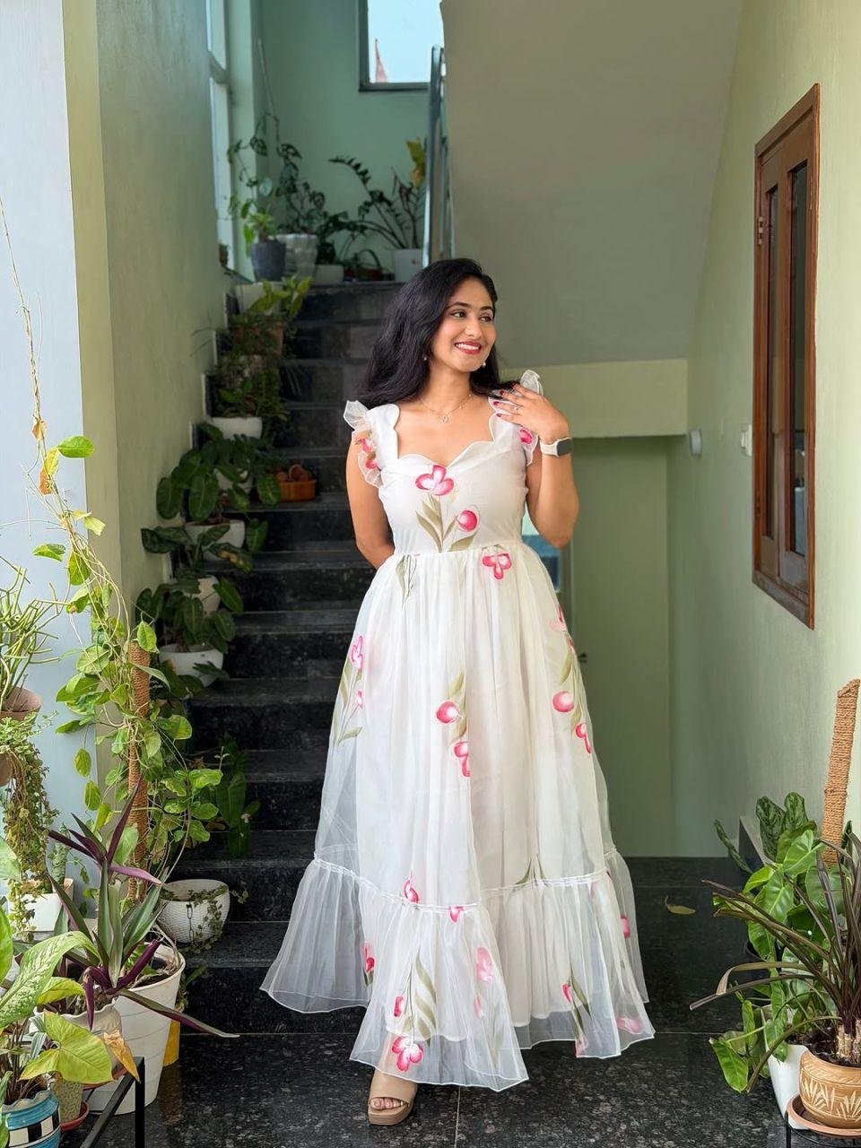 Super‑hit Handpainted Floral Print Maxi Gown