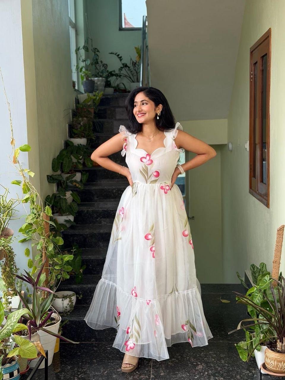 Super‑hit Handpainted Floral Print Maxi Gown