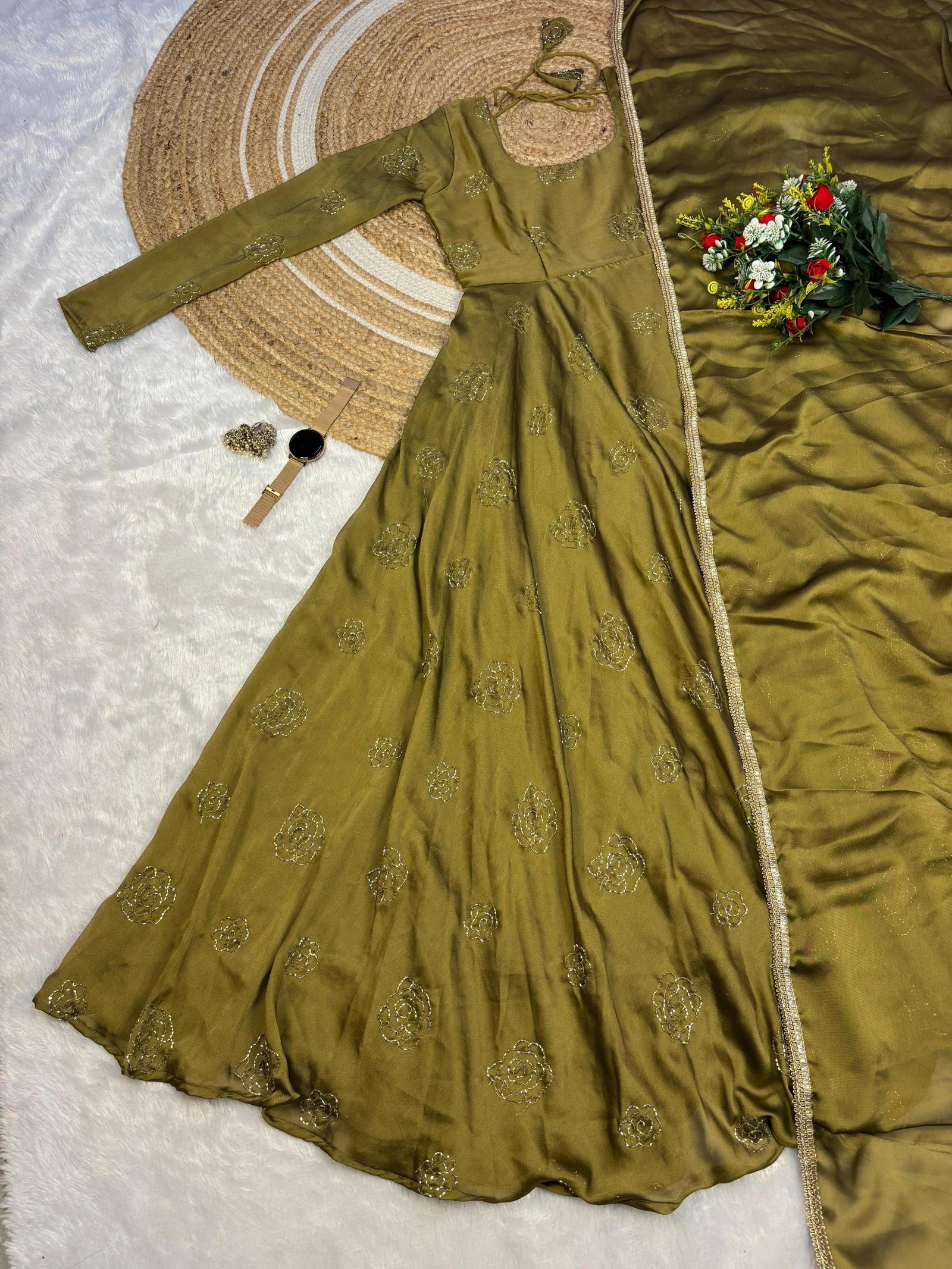 Elegance Festive Gown with Aari Work & Dupatta ✨