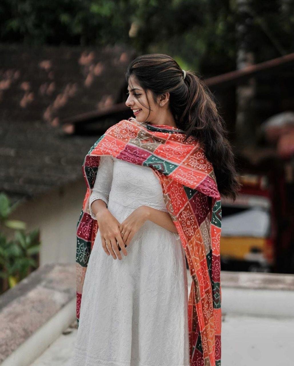 Anarkali Pattern Cotton Gown with Shifli Embroidery & Silk Dupatta