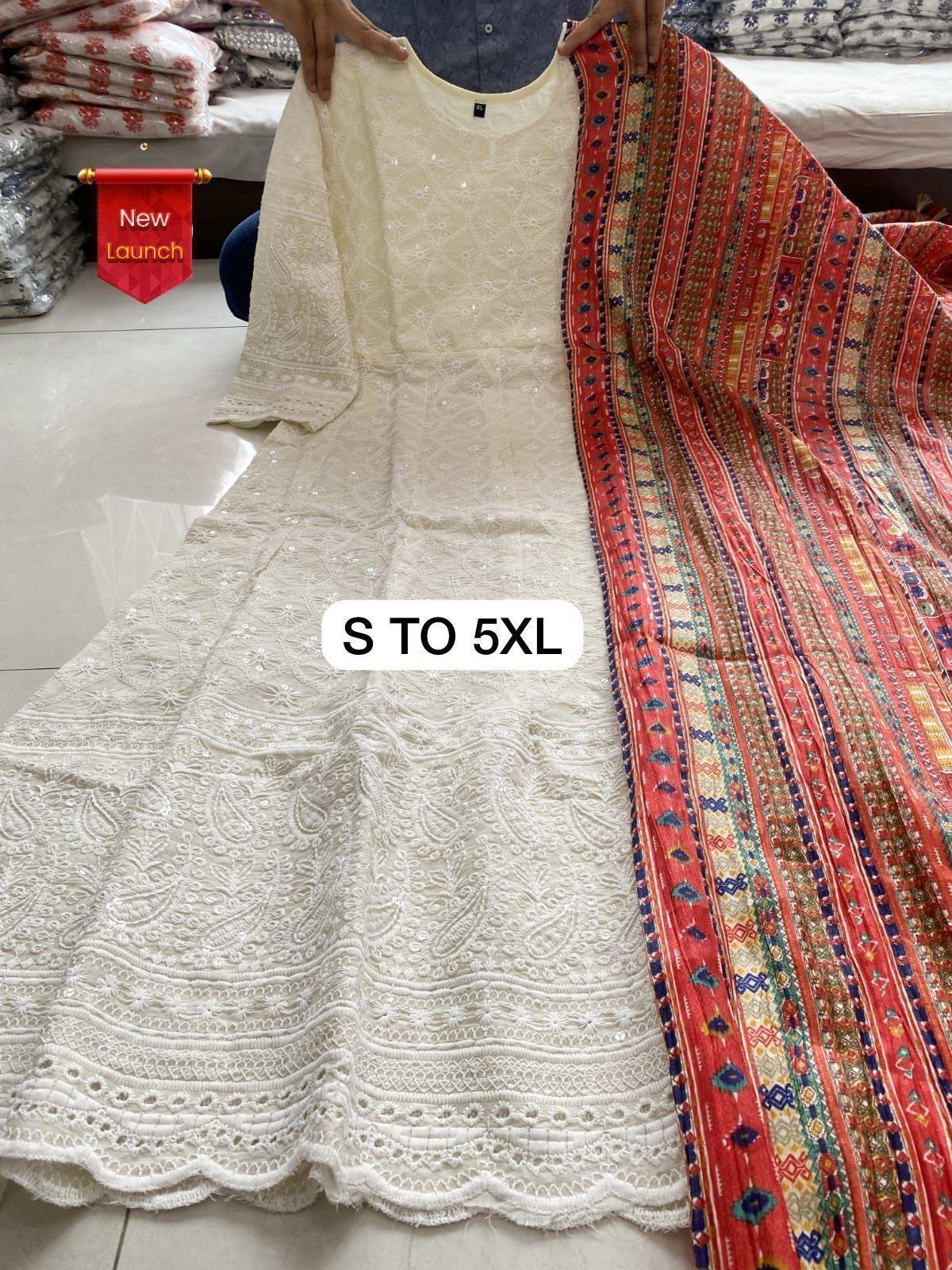 Anarkali Pattern Cotton Gown with Shifli Embroidery & Silk Dupatta