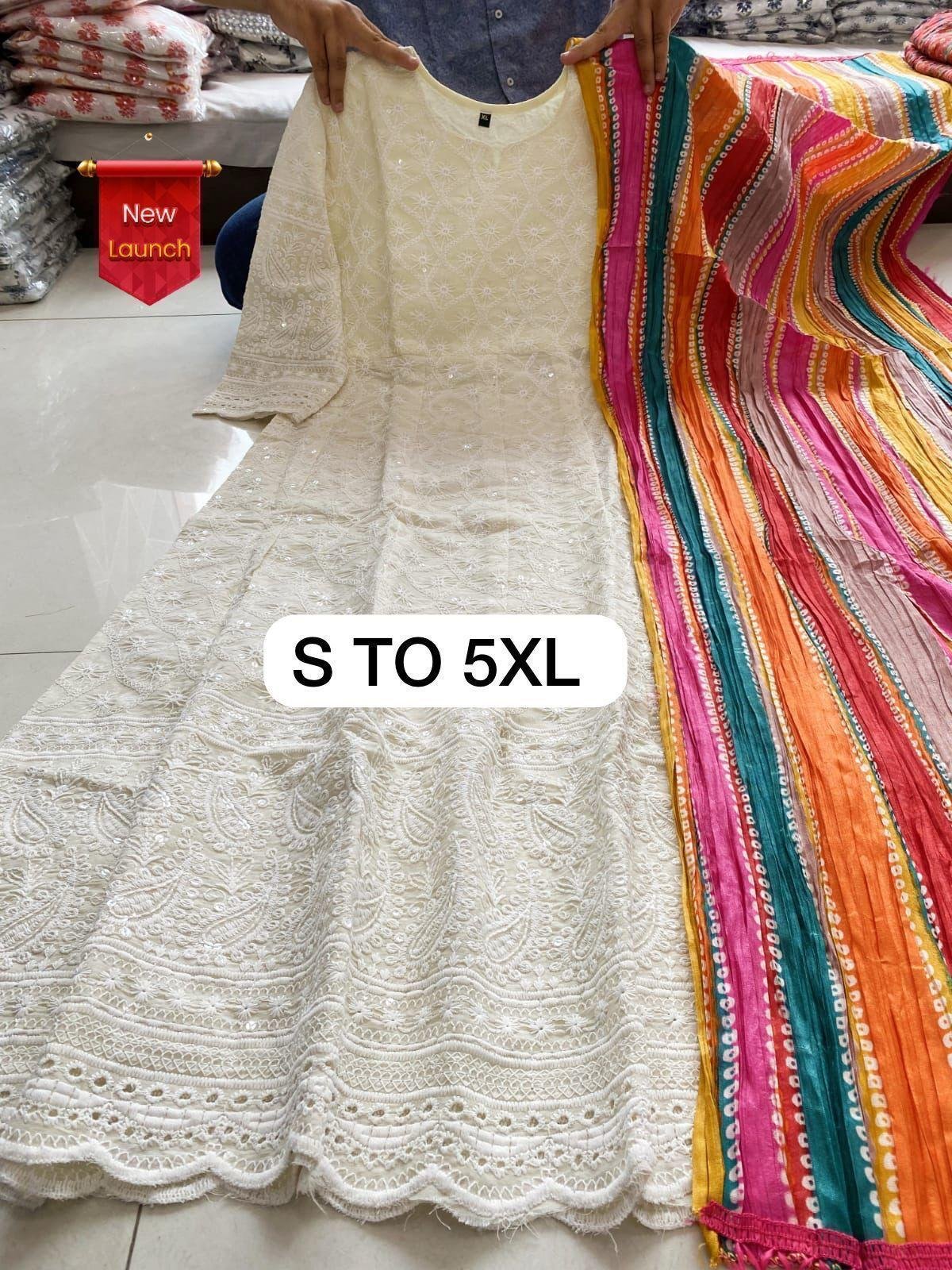 Anarkali Pattern Cotton Gown with Shifli Embroidery & Silk Dupatta