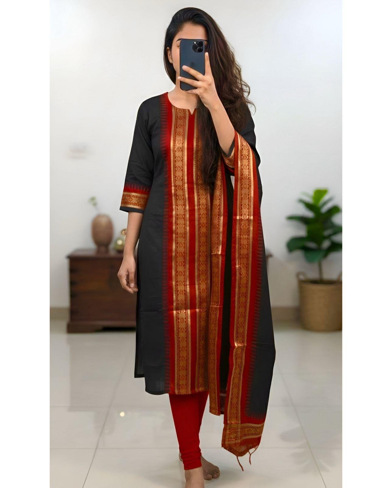 Pure Silk Cotton Kurti Set with Zari Kanchi Border & Contrast Dupatta