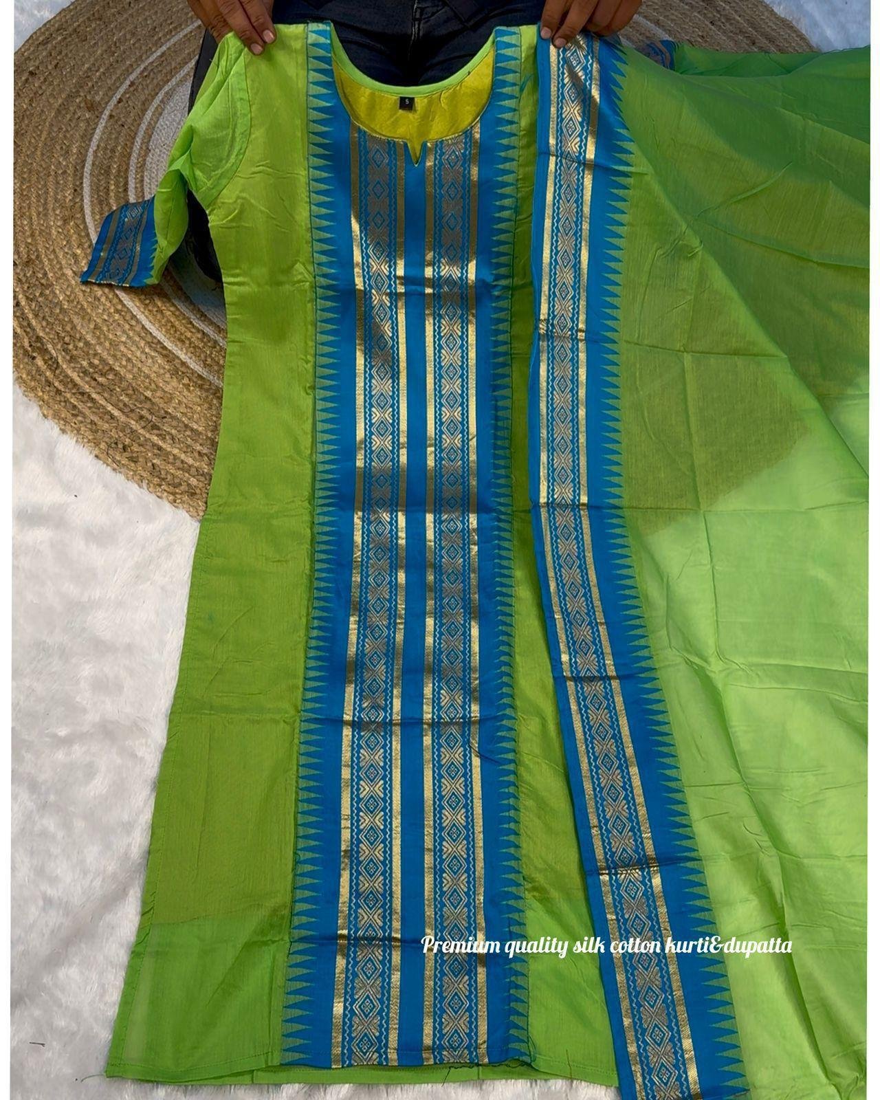 Pure Silk Cotton Kurti Set with Zari Kanchi Border & Contrast Dupatta