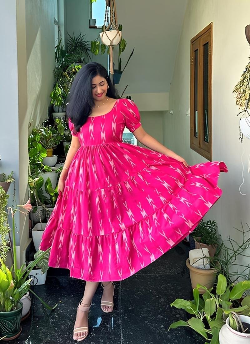 Women’s Pink Cotton Printed Puff-Sleeve Maxi Dress