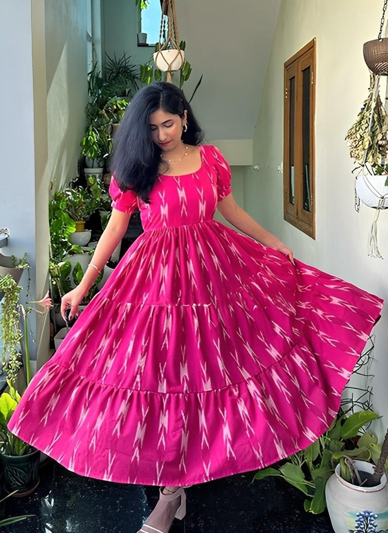 Women’s Pink Cotton Printed Puff-Sleeve Maxi Dress