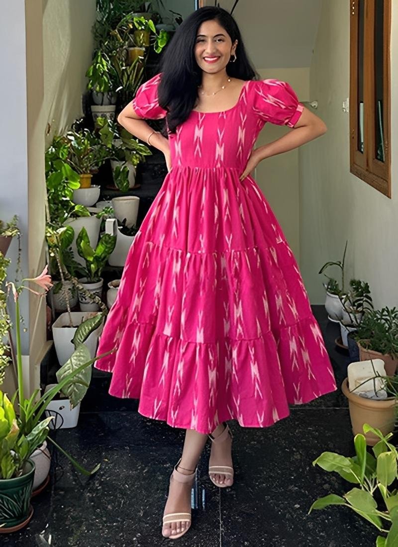 Women’s Pink Cotton Printed Puff-Sleeve Maxi Dress