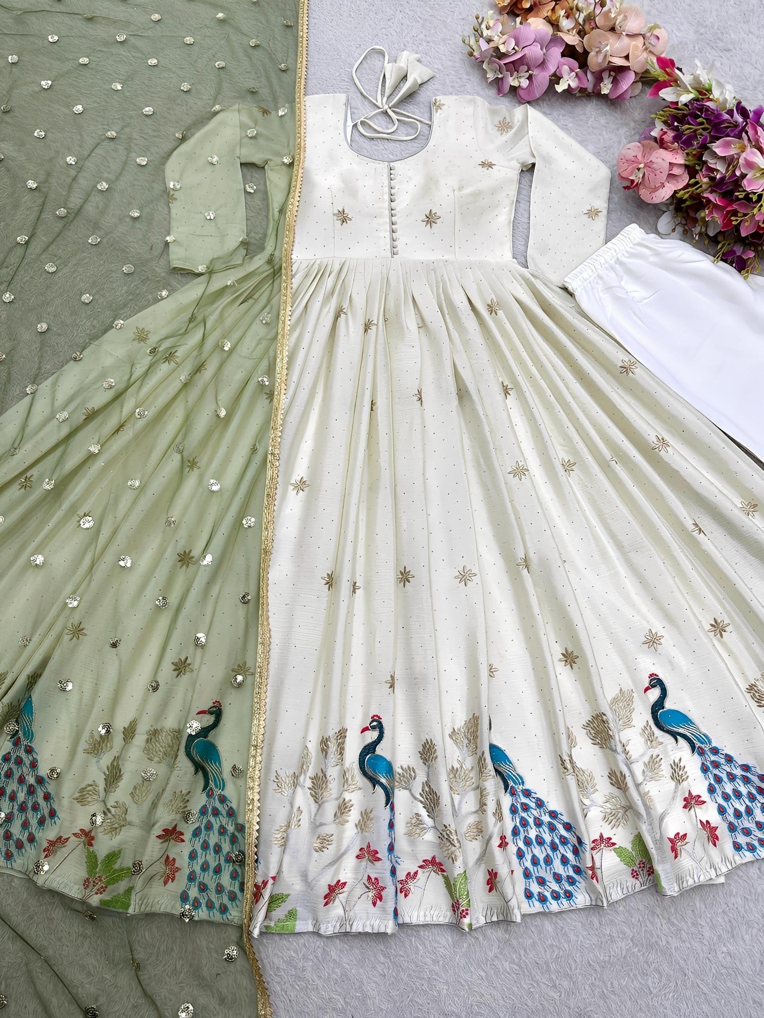 Premium Dola Silk Embroidered Suit Set with Detailing & Net Dupatta