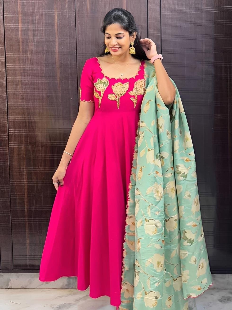 Hand Painted Maggam Work Gown with Dupatta