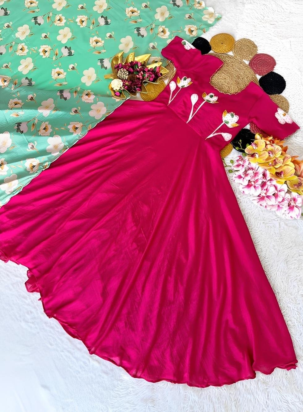 Hand Painted Maggam Work Gown with Dupatta