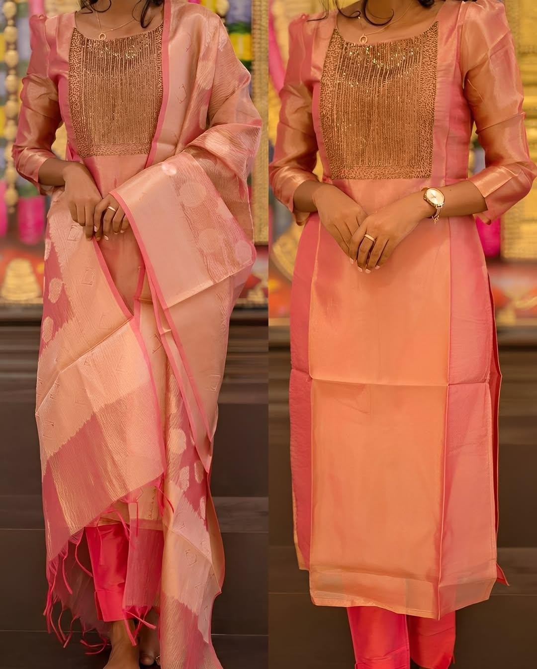 Lilac Tissue Kurta Set with Handwork Neck & Banarasi Dupatta | Elegant Festive Wear