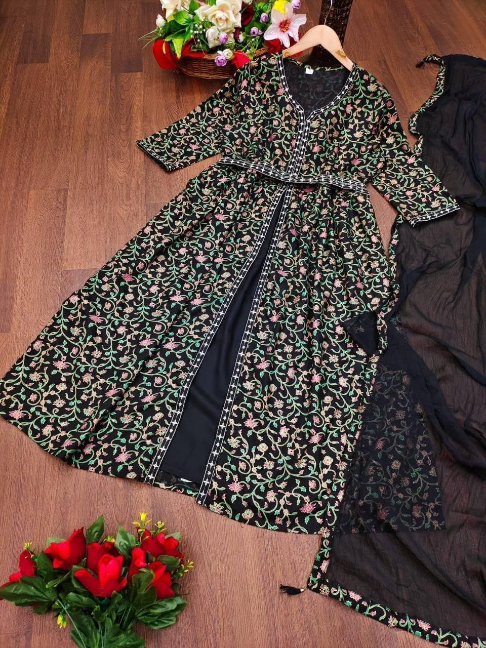 Mylar Mirror Embroidered Front Slit Kurti Set with Pant & Tassel Dupatta | Modern Festive Wear